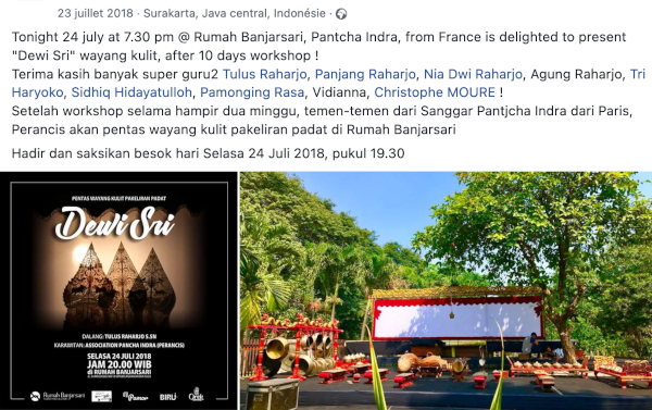 Tonight 24 july at 7.30 pm @ Rumah Banjarsari, Pantcha Indra, from France is delighted to present "Dewi Sri" wayang kulit